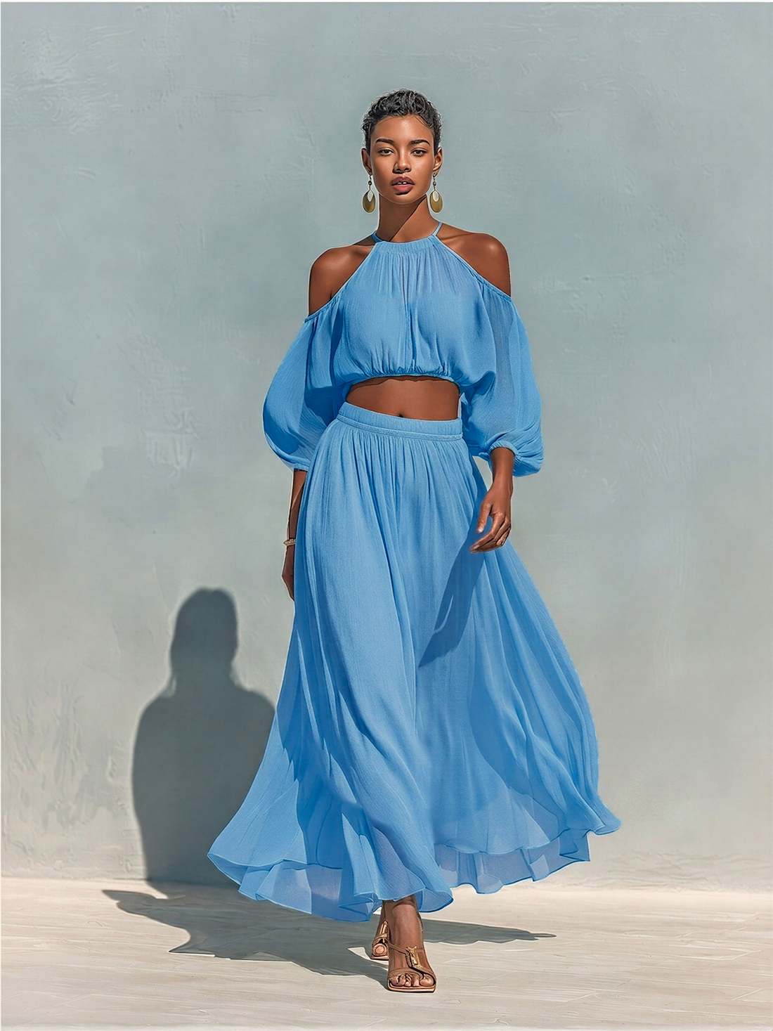 Women’s Blue Tencel Cold-Shoulder Halter Crop Top & Maxi Skirt Two-Piece Set MDZ3071D1T