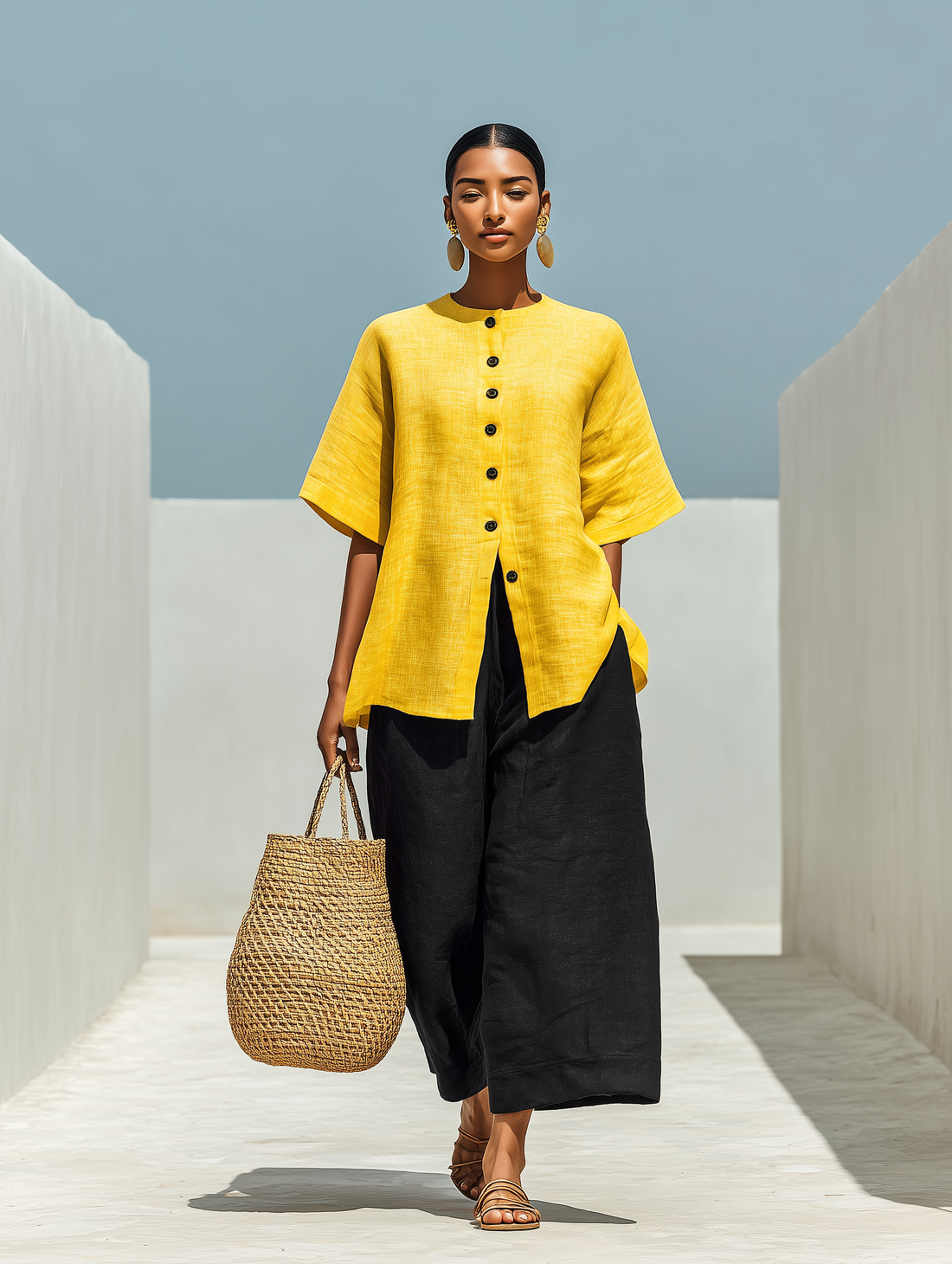 Women’s Yellow Linen-Blend Short-Sleeve Button-Down Top & Black Wide-Leg Pants Two-Piece Set MDZ3003D2T