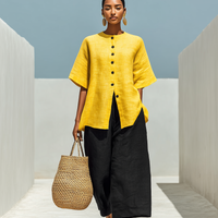 Women’s Yellow Linen-Blend Short-Sleeve Button-Down Top & Black Wide-Leg Pants Two-Piece Set MDZ3003D2T