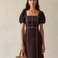 Women's Brown Cotton-Blend Midi Dress With Contrast Stitch & Puff Sleeves, Timeless Casual Summer Dress MDZ3078D5LYL