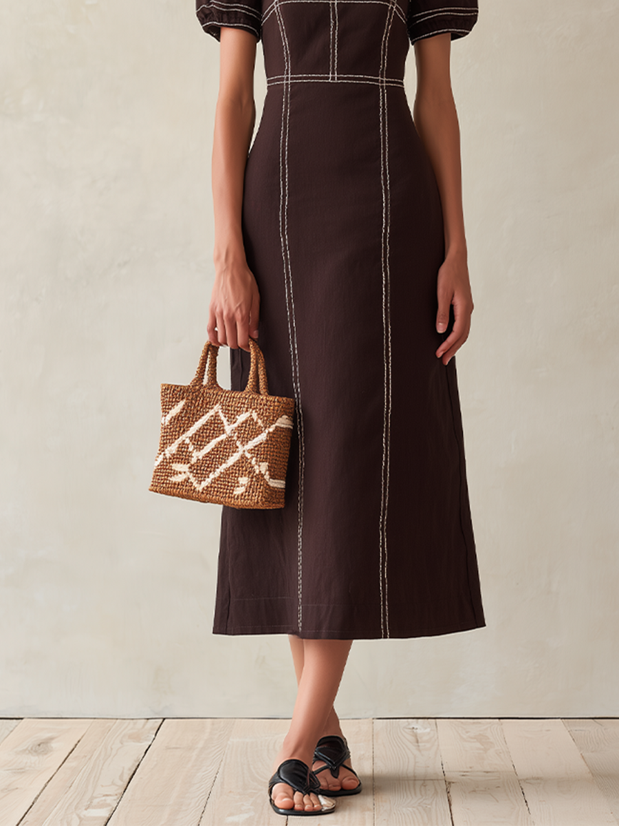 Women's Brown Cotton-Blend Midi Dress With Contrast Stitch & Puff Sleeves, Timeless Casual Summer Dress MDZ3078D5LYL