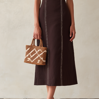 Women's Brown Cotton-Blend Midi Dress With Contrast Stitch & Puff Sleeves, Timeless Casual Summer Dress MDZ3078D5LYL