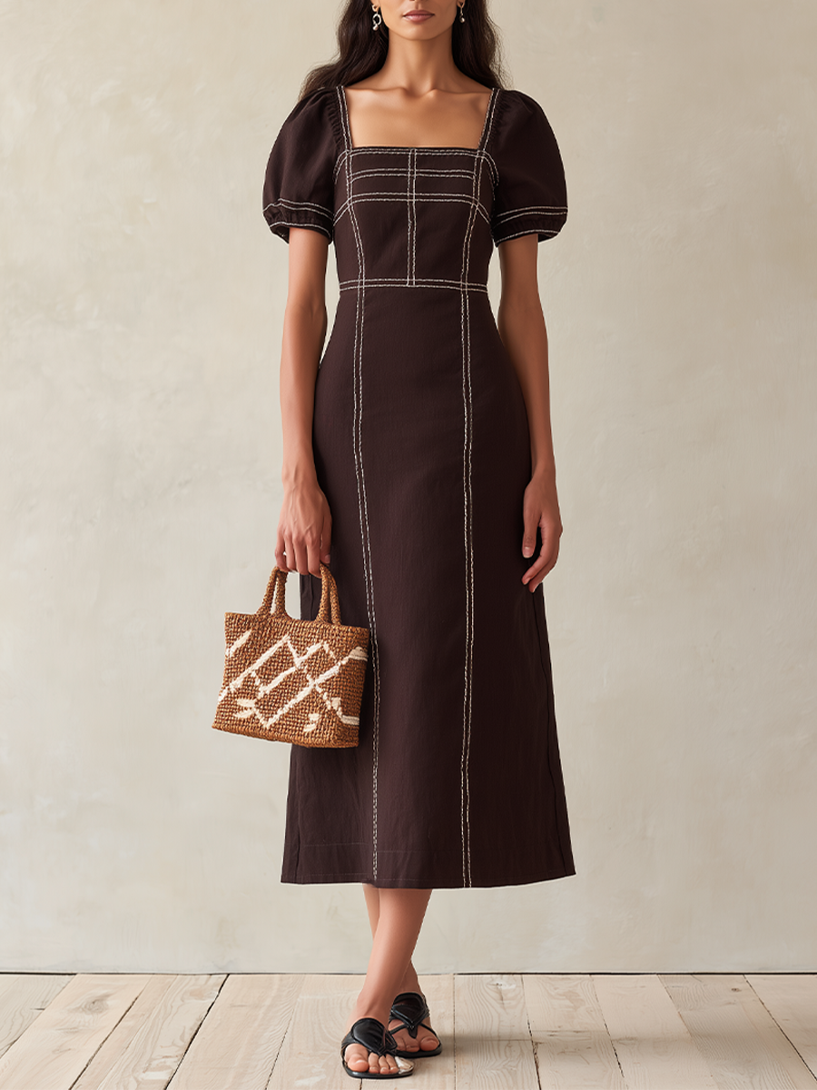 Women's Brown Cotton-Blend Midi Dress With Contrast Stitch & Puff Sleeves, Timeless Casual Summer Dress MDZ3078D5LYL