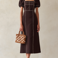 Women's Brown Cotton-Blend Midi Dress With Contrast Stitch & Puff Sleeves, Timeless Casual Summer Dress MDZ3078D5LYL