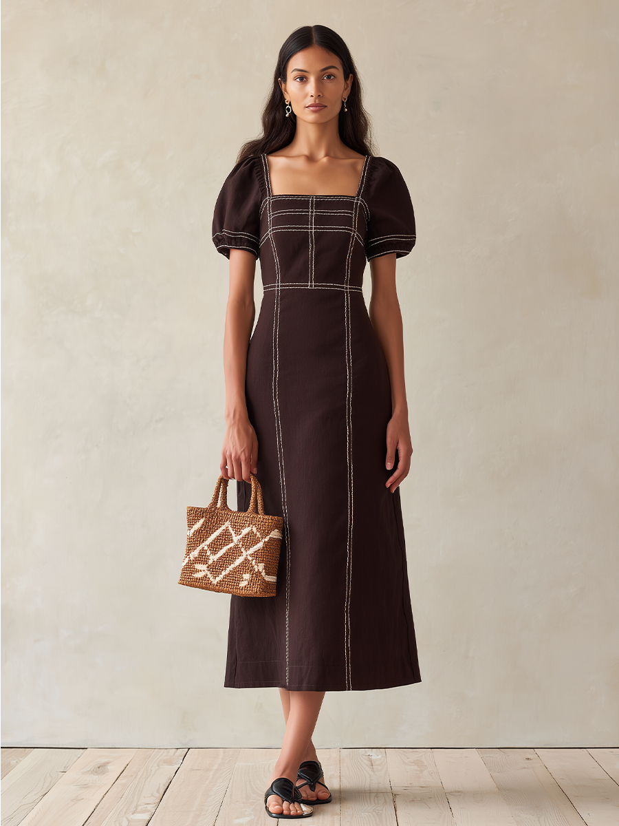 Women's Brown Cotton-Blend Midi Dress With Contrast Stitch & Puff Sleeves, Timeless Casual Summer Dress MDZ3078D5LYL
