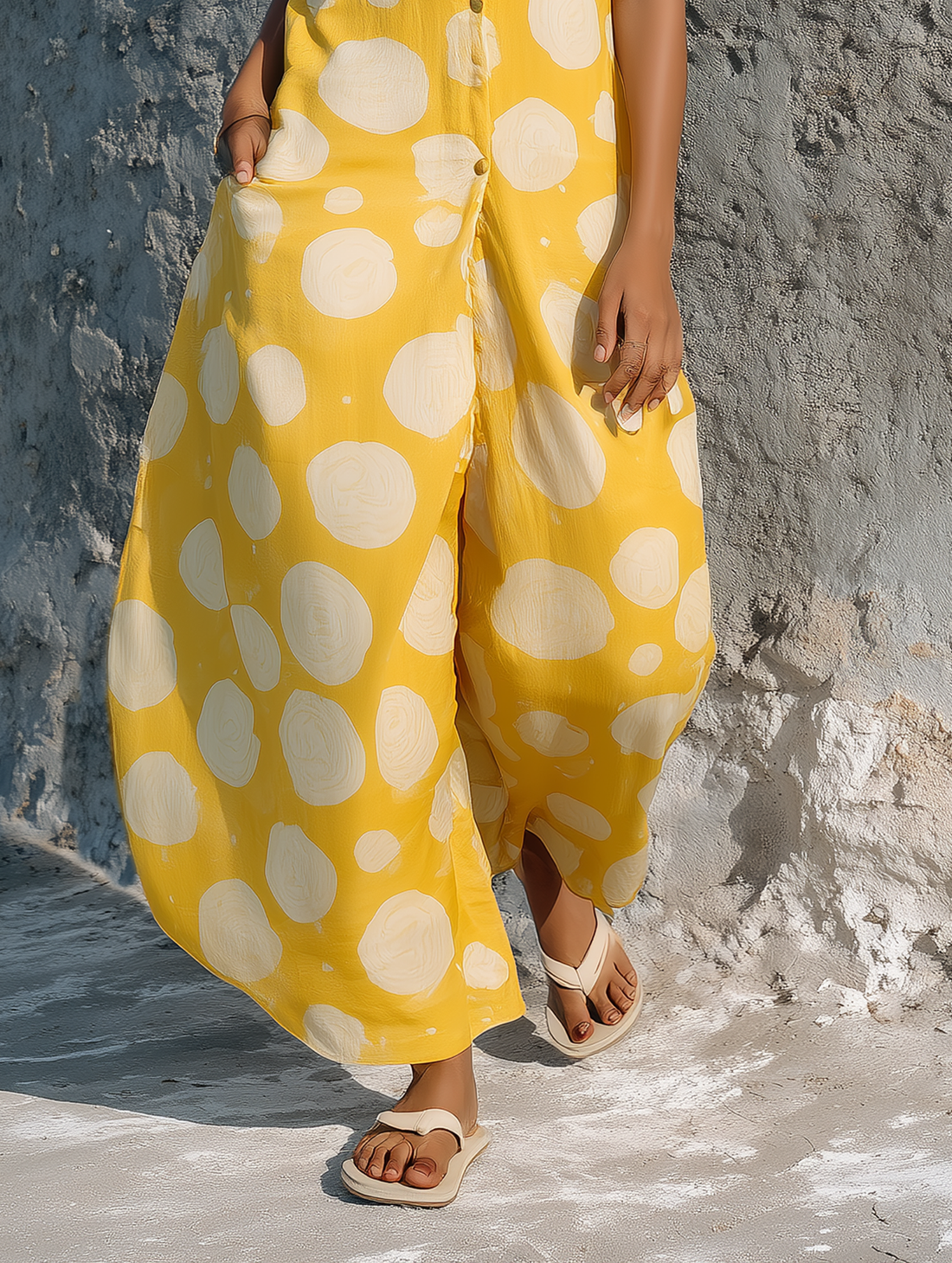 Women's Minimalist Sleeveless Wide-Leg Jumpsuit With Irregular Polka Dot Print And Single-Breasted Front MDZ3090D5Y