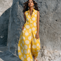 Women's Minimalist Sleeveless Wide-Leg Jumpsuit With Irregular Polka Dot Print And Single-Breasted Front MDZ3090D5Y