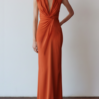 Women's Terracotta Jersey  Column Dress With Twist Knot Front & Tailored Silhouette, Contemporary Sophisticated Party Dress MDZ3089D5LYL