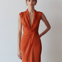 Women's Terracotta Jersey  Column Dress With Twist Knot Front & Tailored Silhouette, Contemporary Sophisticated Party Dress MDZ3089D5LYL