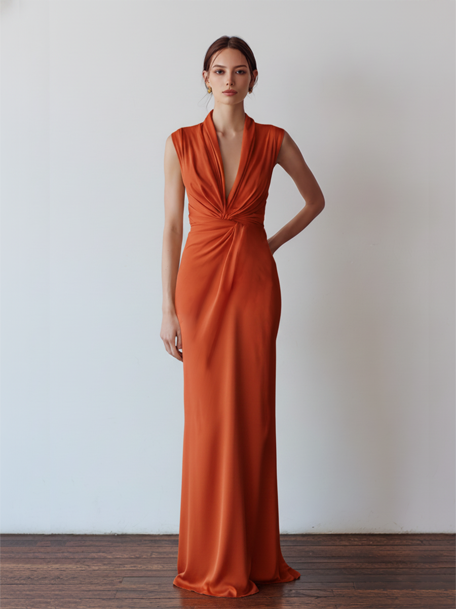 Women's Terracotta Jersey  Column Dress With Twist Knot Front & Tailored Silhouette, Contemporary Sophisticated Party Dress MDZ3089D5LYL