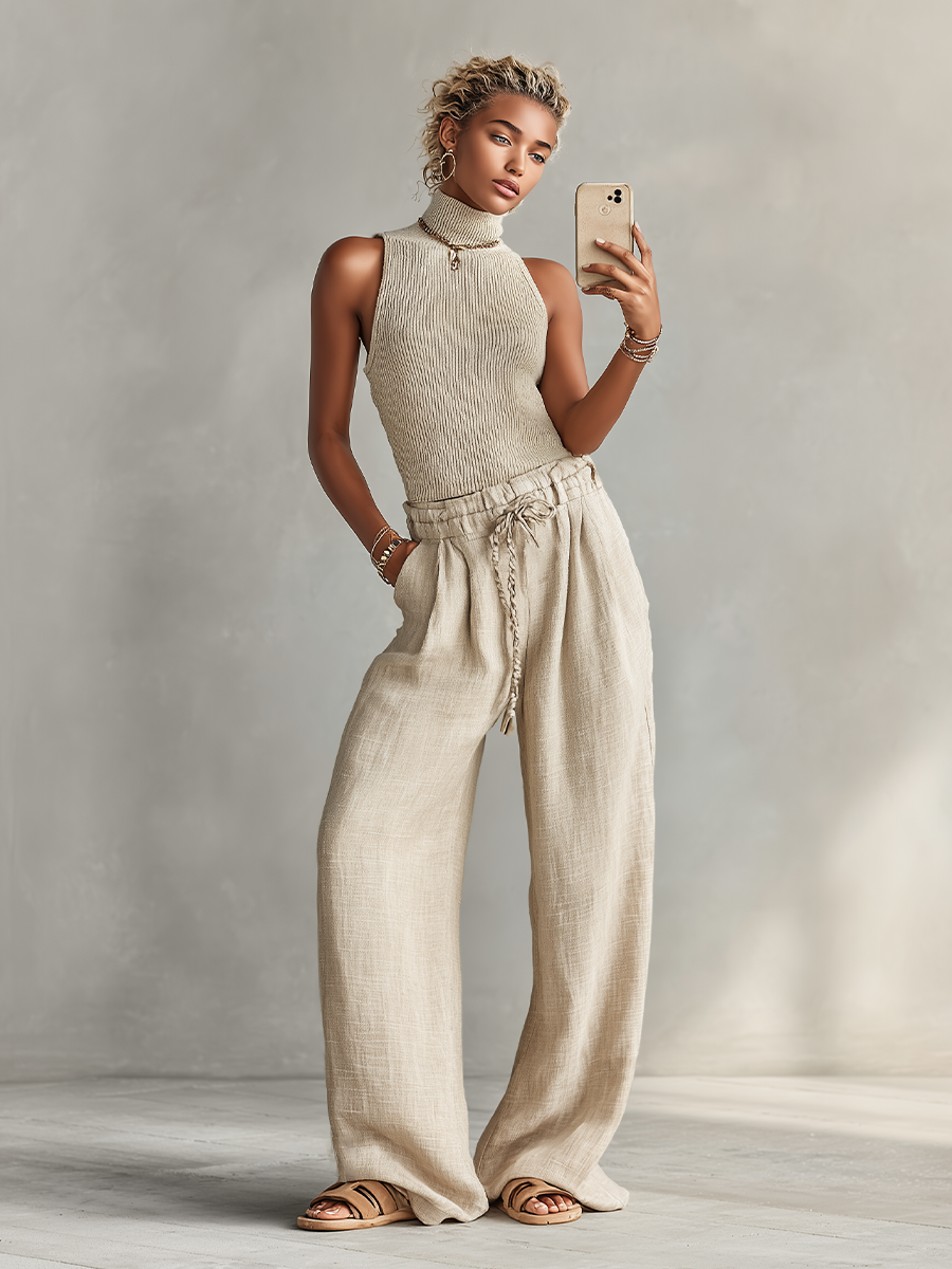 Women's Beige Ribbed Knit Tank & Linen Wide Leg Pants Set, Minimalist Casual Two-Piece Outfit MDZ3058D4LYL