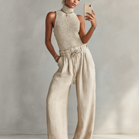 Women's Beige Ribbed Knit Tank & Linen Wide Leg Pants Set, Minimalist Casual Two-Piece Outfit MDZ3058D4LYL