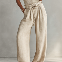 Women's Beige Ribbed Knit Tank & Linen Wide Leg Pants Set, Minimalist Casual Two-Piece Outfit MDZ3058D4LYL
