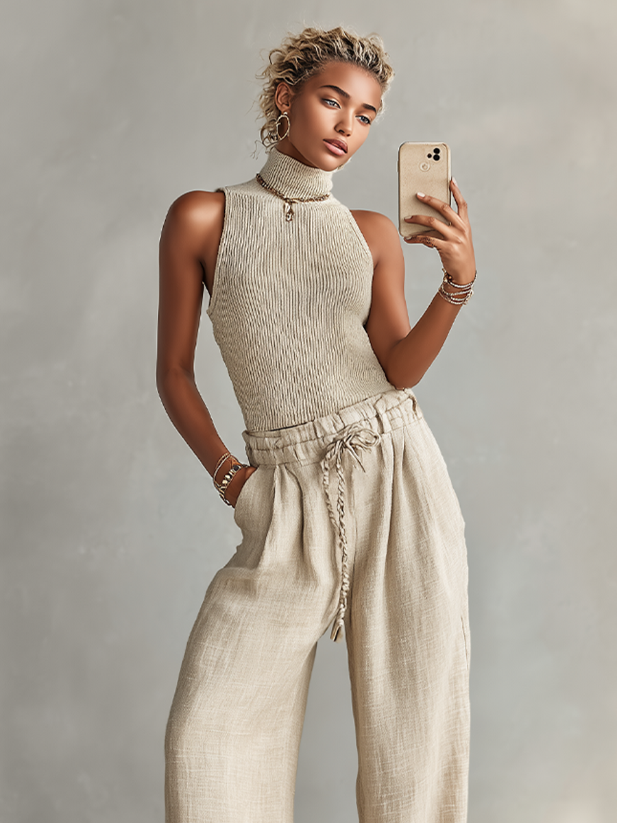 Women's Beige Ribbed Knit Tank & Linen Wide Leg Pants Set, Minimalist Casual Two-Piece Outfit MDZ3058D4LYL
