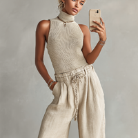 Women's Beige Ribbed Knit Tank & Linen Wide Leg Pants Set, Minimalist Casual Two-Piece Outfit MDZ3058D4LYL