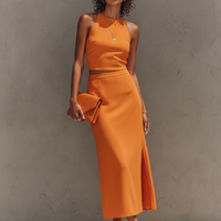 Women's Burnt Orange Sleeveless Co-Ord Set With Crop Top & High Waist Pencil Skirt, Chic Formal Casual Outfit MDZ3064D1LYL