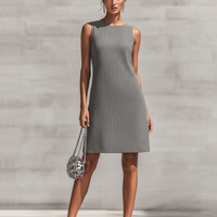 Women's Grey Woven Sleeveless Shift Dress With Round Neck, Timeless Minimalist Office Dress MDZ3039D2LYL