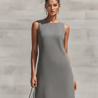 Women's Grey Woven Sleeveless Shift Dress With Round Neck, Timeless Minimalist Office Dress MDZ3039D2LYL