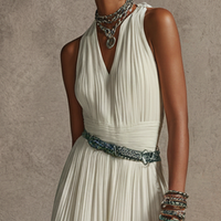 Women's Elegant White Chiffon V-Neck Pleated Sleeveless Maxi Dress(Belt Not Included) MDZ3099D8GMJ