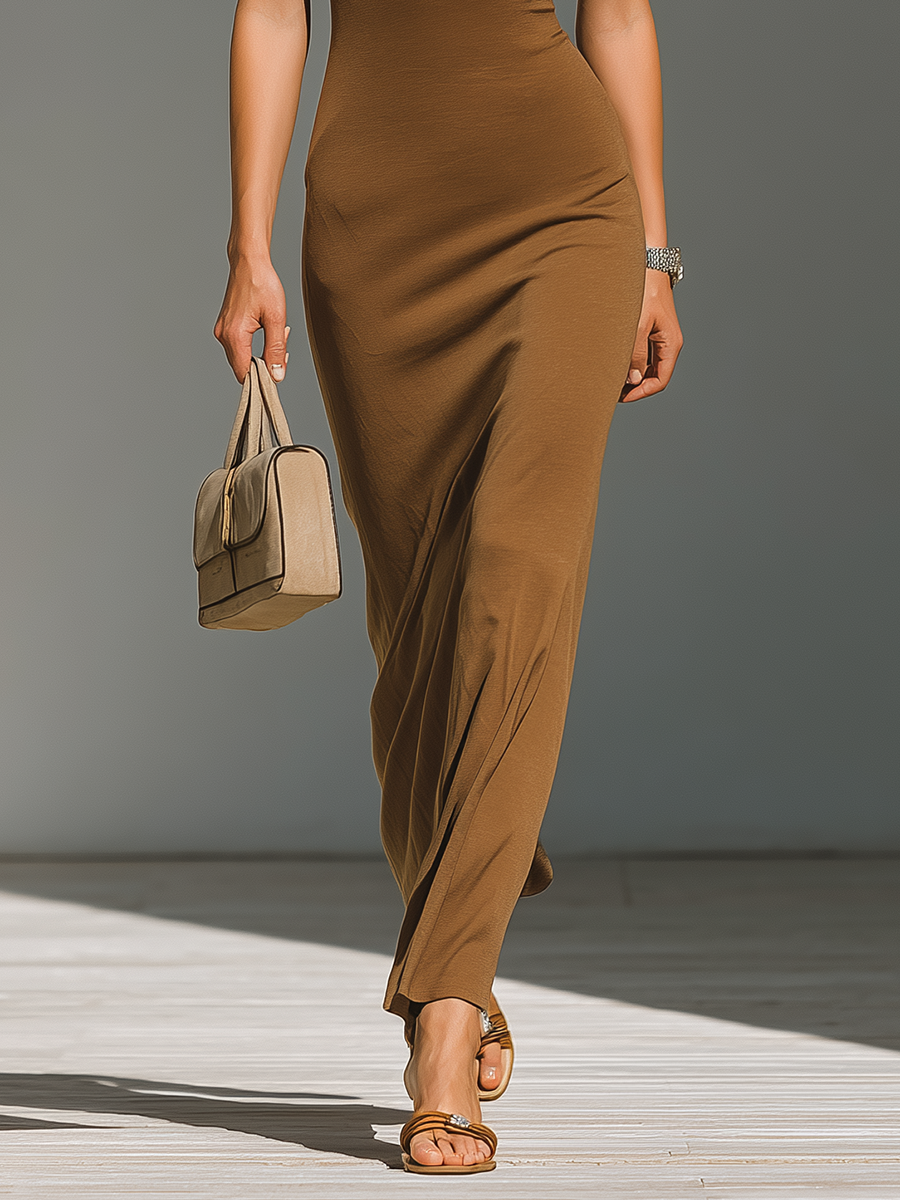 Women’s Brown Ribbed Short-Sleeve Maxi Dress With Cutout Square Neck & Ruched Bust MDZ3064D8T