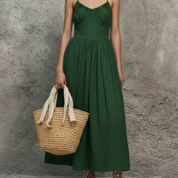 Women's Minimalist Green Cotton-Linen Halterneck Pleated Maxi Dress MDZ3065D9GMJ