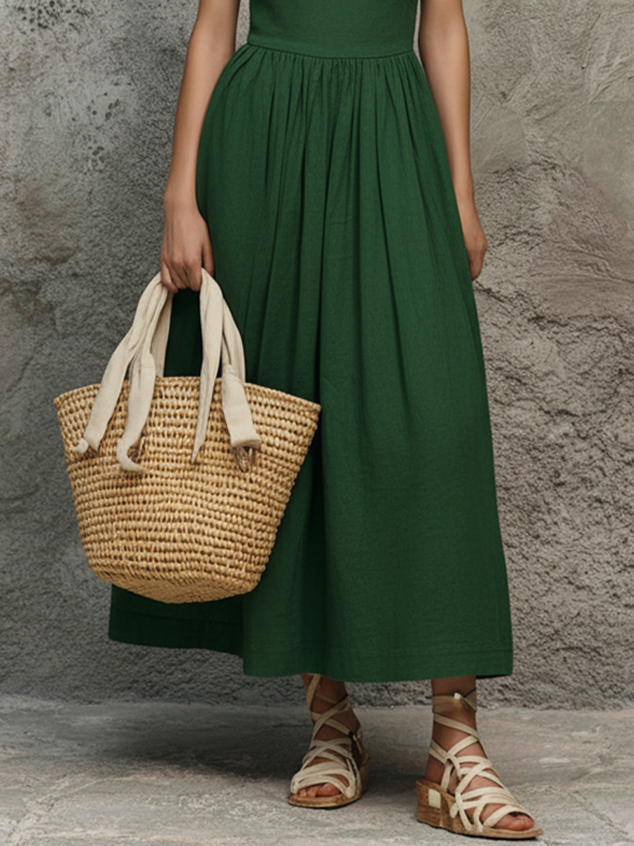 Women's Minimalist Green Cotton-Linen Halterneck Pleated Maxi Dress MDZ3065D9GMJ