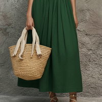 Women's Minimalist Green Cotton-Linen Halterneck Pleated Maxi Dress MDZ3065D9GMJ