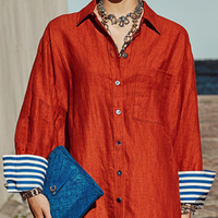 Women's Casual Style Red Cotton Linen Lapel Single-Breasted Button-Down Cuffs Color-Blocked Long Shirt Dress MDZ3065D8GMJ