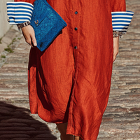 Women's Casual Style Red Cotton Linen Lapel Single-Breasted Button-Down Cuffs Color-Blocked Long Shirt Dress MDZ3065D8GMJ