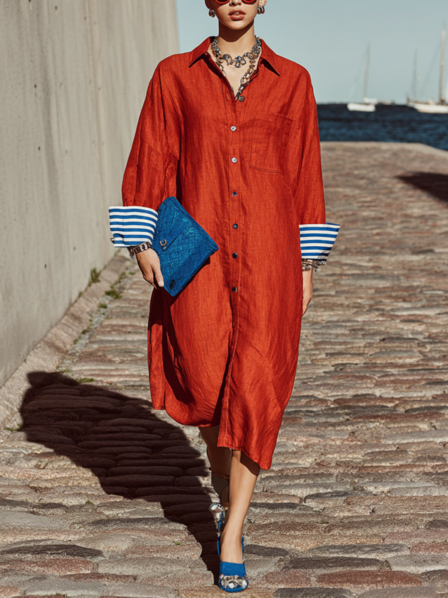 Women's Casual Style Red Cotton Linen Lapel Single-Breasted Button-Down Cuffs Color-Blocked Long Shirt Dress MDZ3065D8GMJ