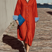 Women's Casual Style Red Cotton Linen Lapel Single-Breasted Button-Down Cuffs Color-Blocked Long Shirt Dress MDZ3065D8GMJ