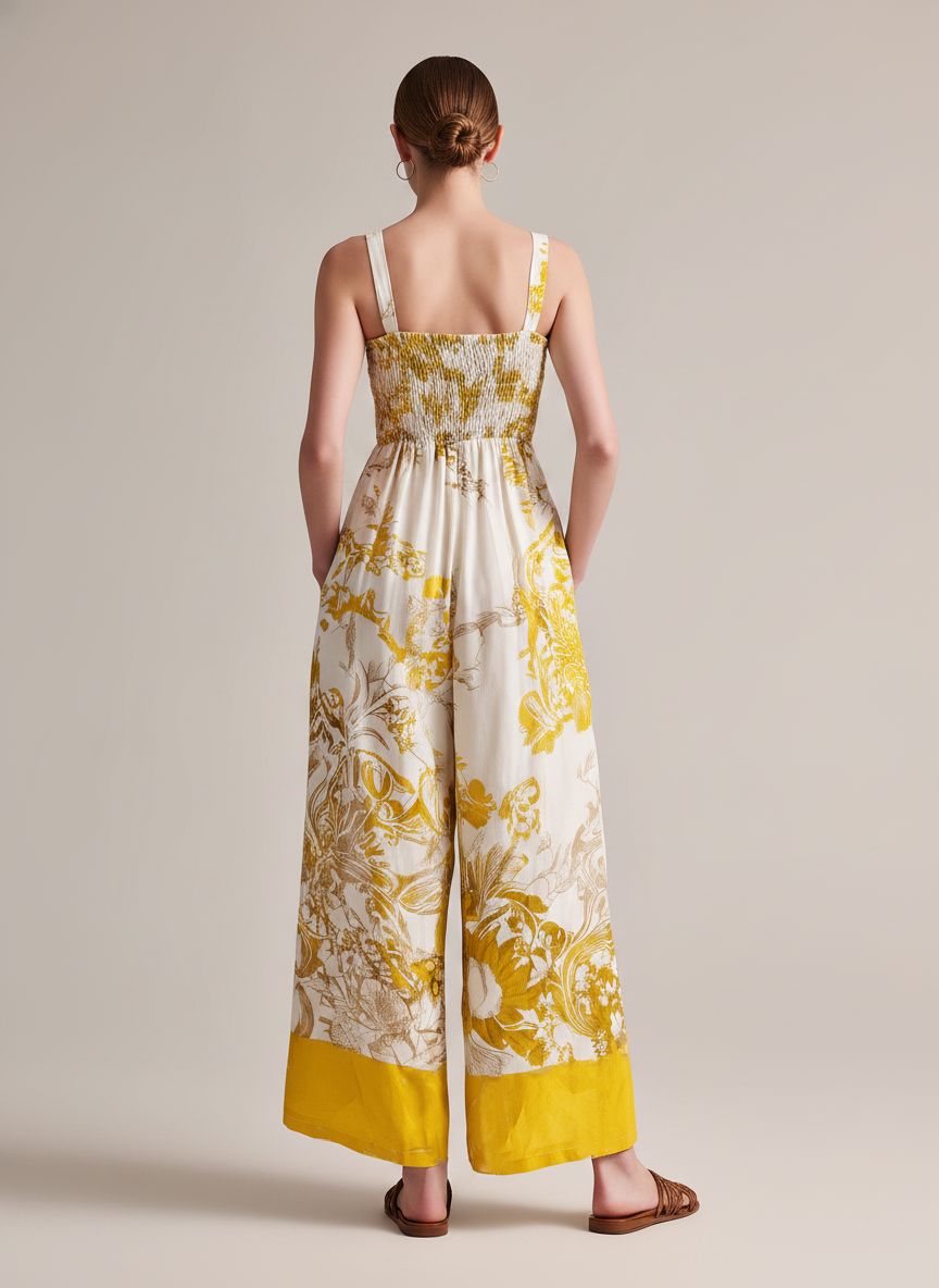 Women's Casual Yellow Printed Woven Sleeveless Spaghetti-Strap Jumpsuit MDZ2965D7LXY