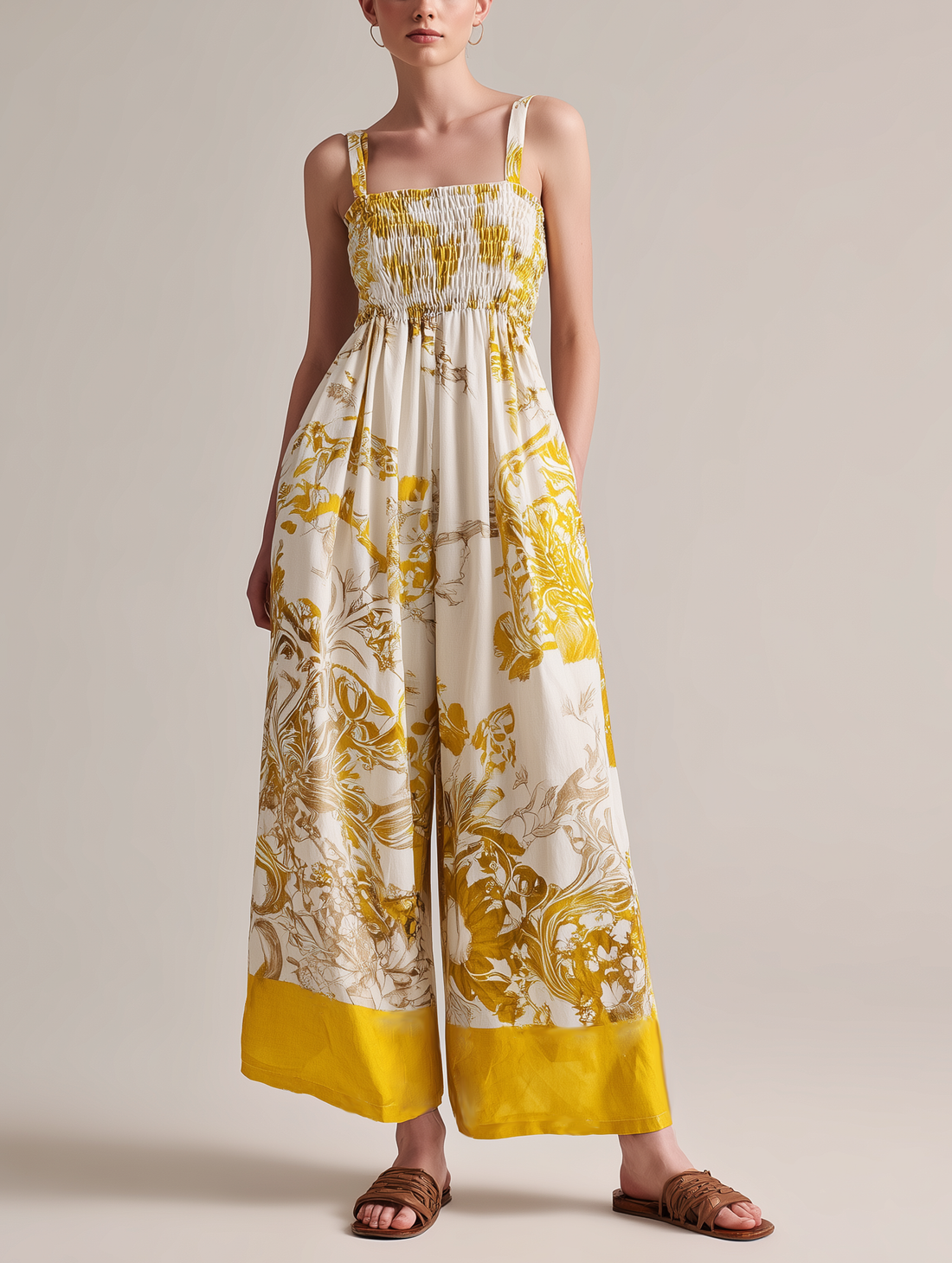 Women's Casual Yellow Printed Woven Sleeveless Spaghetti-Strap Jumpsuit MDZ2965D7LXY