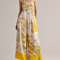 Women's Casual Yellow Printed Woven Sleeveless Spaghetti-Strap Jumpsuit MDZ2965D7LXY