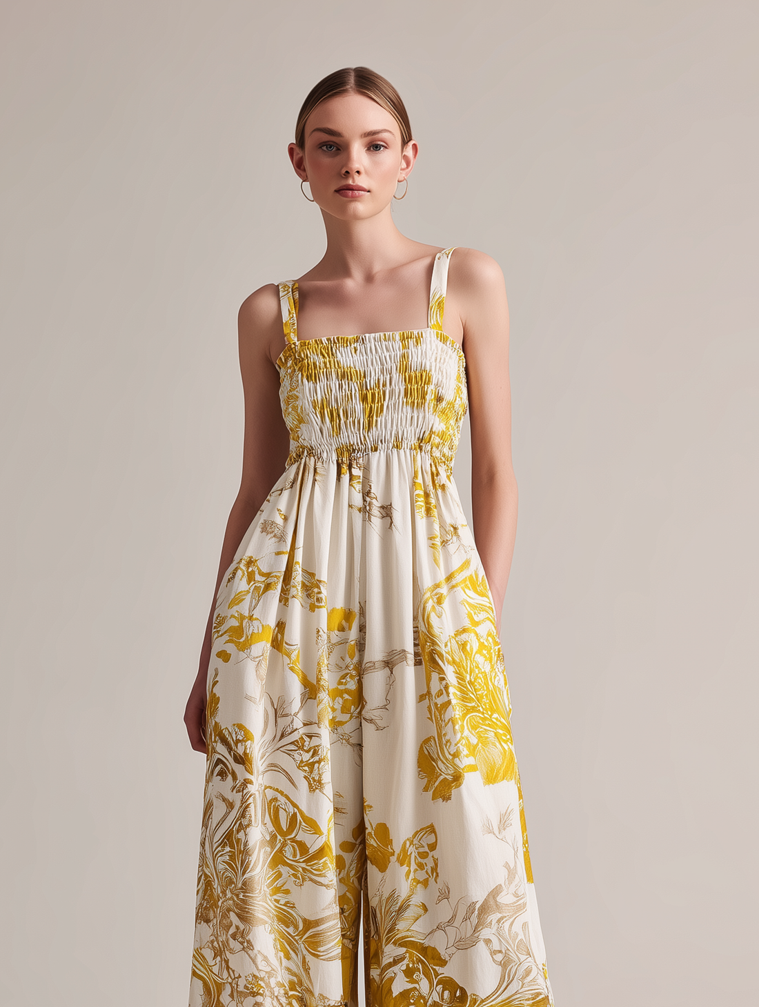 Women's Casual Yellow Printed Woven Sleeveless Spaghetti-Strap Jumpsuit MDZ2965D7LXY