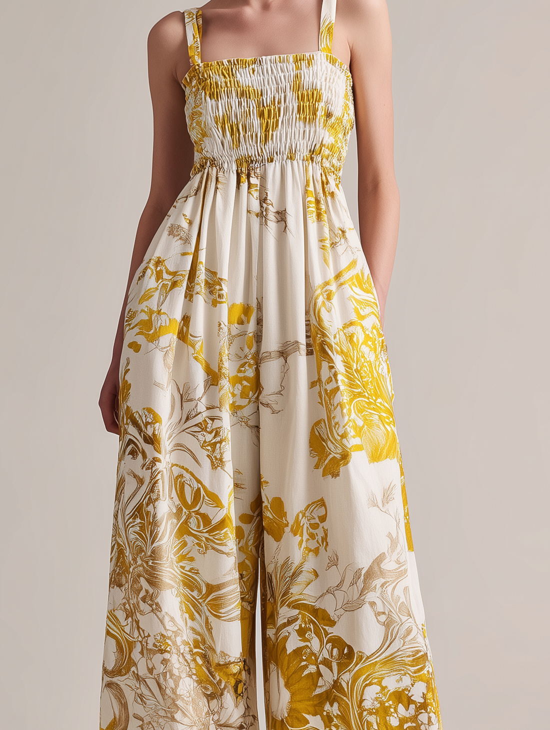 Women's Casual Yellow Printed Woven Sleeveless Spaghetti-Strap Jumpsuit MDZ2965D7LXY