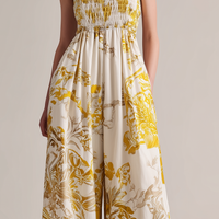 Women's Casual Yellow Printed Woven Sleeveless Spaghetti-Strap Jumpsuit MDZ2965D7LXY