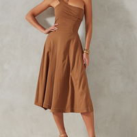 Women's Elegant Brown Cotton Blend Off-Shoulder Pleated Patchwork A-Line Midi Dress MDZ3061D2GMJ
