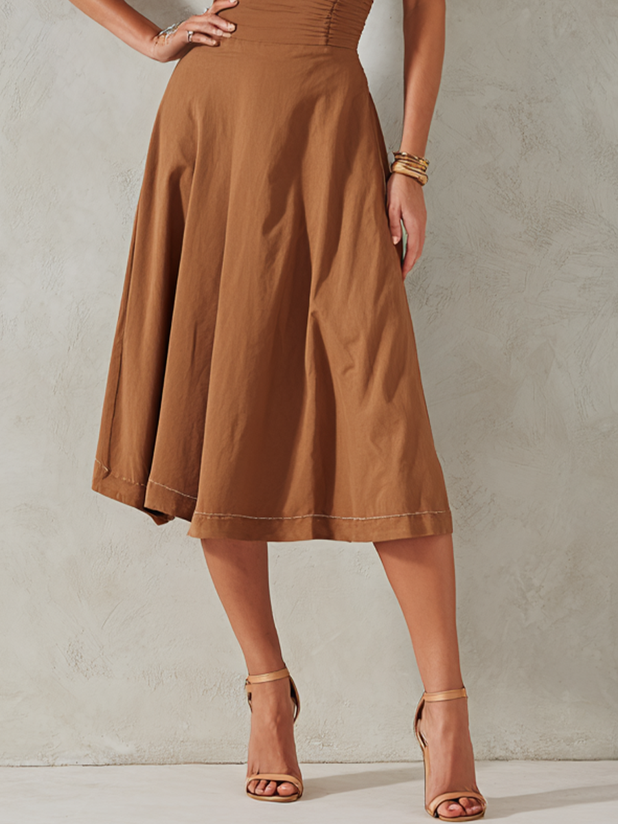 Women's Elegant Brown Cotton Blend Off-Shoulder Pleated Patchwork A-Line Midi Dress MDZ3061D2GMJ