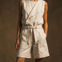 Women's Casual Off-White Linen-Cotton Blend Asymmetrical Button Waist Belt Sleeveless Short Jumpsuit MDZ3098D6GMJ