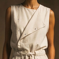 Women's Casual Off-White Linen-Cotton Blend Asymmetrical Button Waist Belt Sleeveless Short Jumpsuit MDZ3098D6GMJ