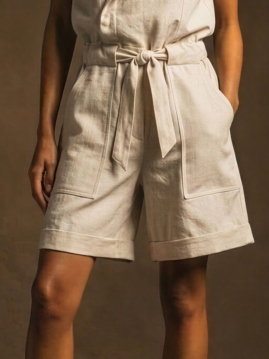 Women's Casual Off-White Linen-Cotton Blend Asymmetrical Button Waist Belt Sleeveless Short Jumpsuit MDZ3098D6GMJ