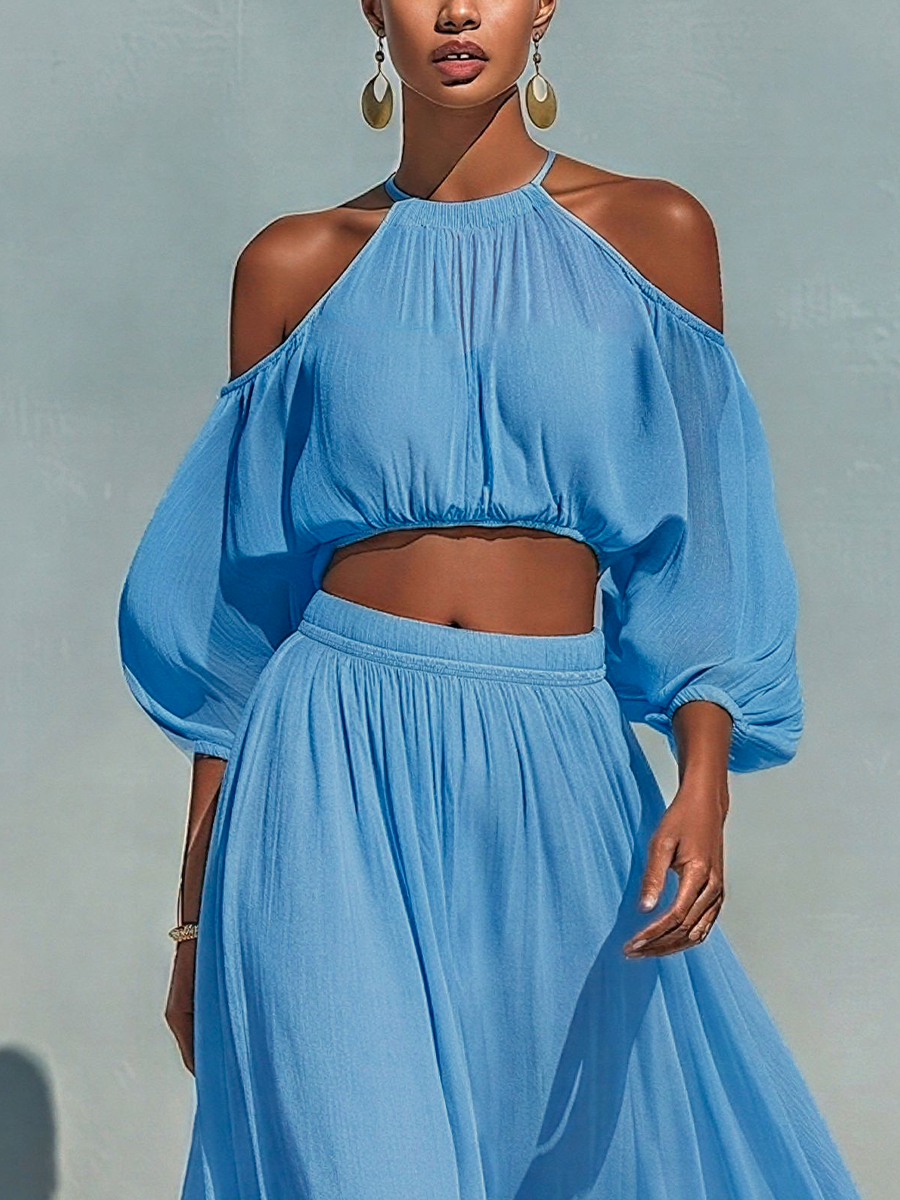 Women’s Blue Tencel Cold-Shoulder Halter Crop Top & Maxi Skirt Two-Piece Set MDZ3071D1T