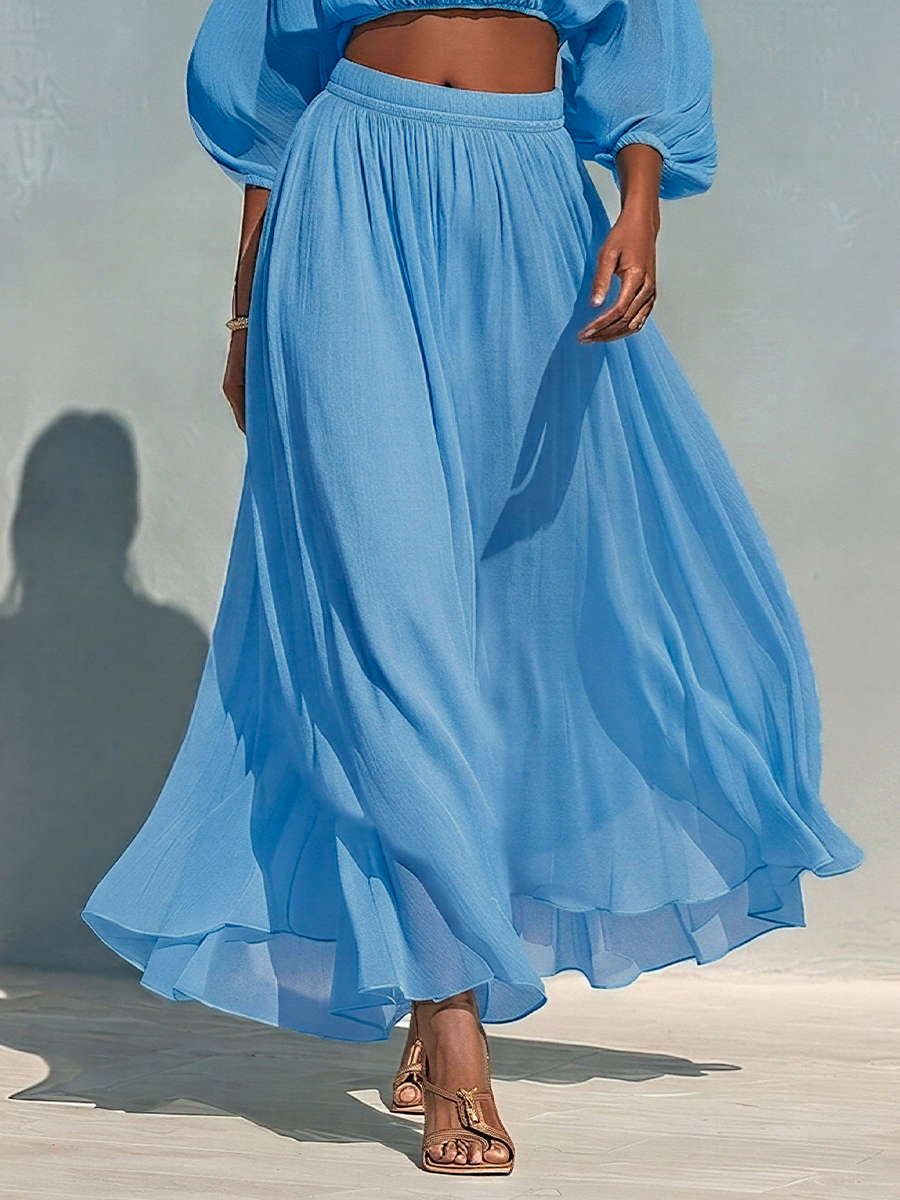 Women’s Blue Tencel Cold-Shoulder Halter Crop Top & Maxi Skirt Two-Piece Set MDZ3071D1T