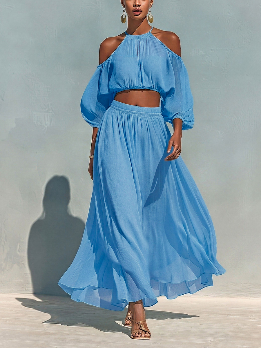 Women’s Blue Tencel Cold-Shoulder Halter Crop Top & Maxi Skirt Two-Piece Set MDZ3071D1T