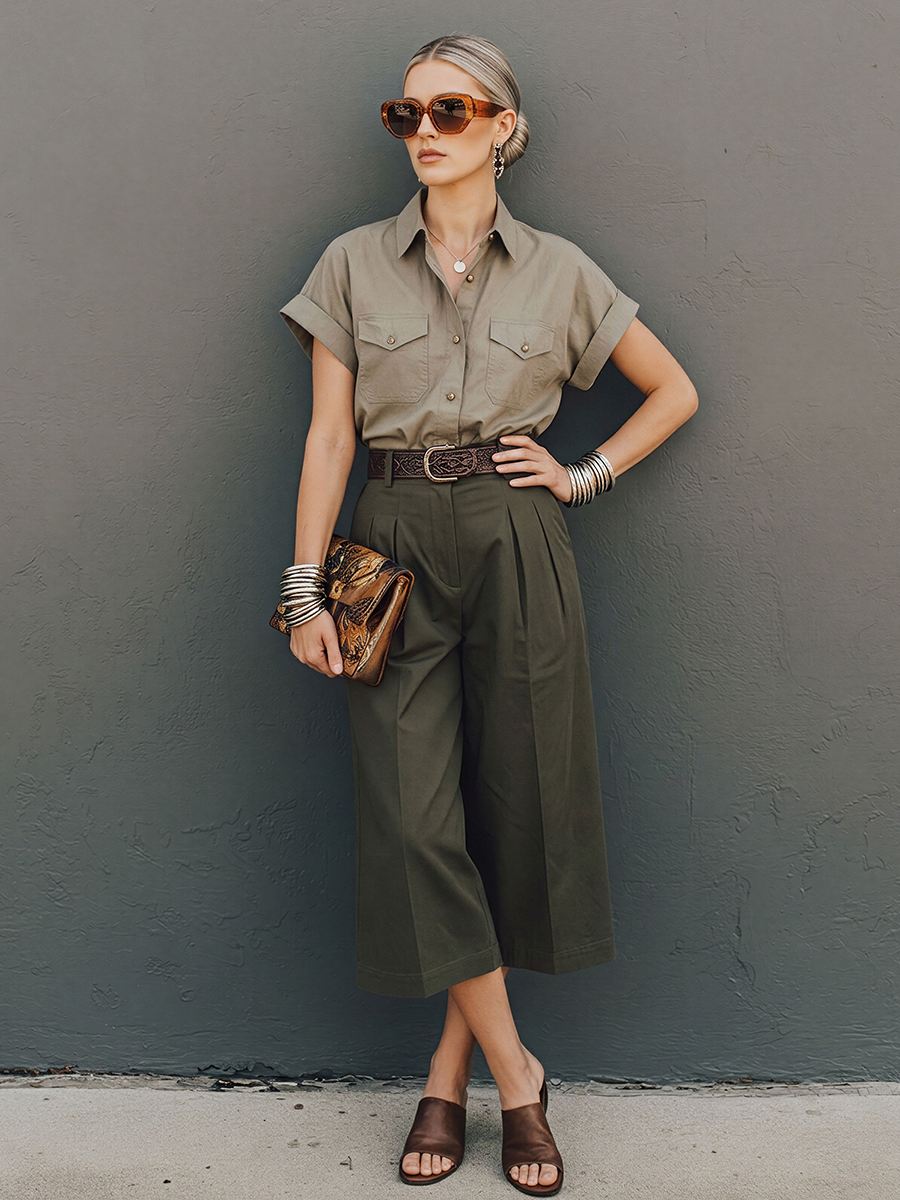 Women's Commuter Style Khaki Cotton Blend Collared Work Shirt And Army Green High-Waisted Pleated Wide-Leg Capri Trousers Suit MDZ3073D9GMJ