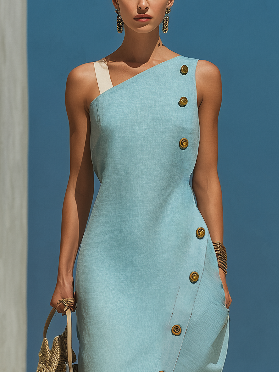 Women’s Light Blue Linen-Blend One-Shoulder Midi Dress With Asymmetrical Button Placket & Slit MDZ3043D5T