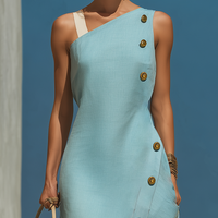Women’s Light Blue Linen-Blend One-Shoulder Midi Dress With Asymmetrical Button Placket & Slit MDZ3043D5T
