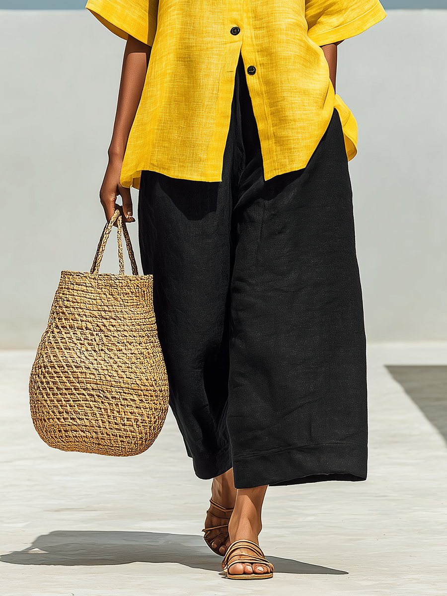 Women’s Yellow Linen-Blend Short-Sleeve Button-Down Top & Black Wide-Leg Pants Two-Piece Set MDZ3003D2T