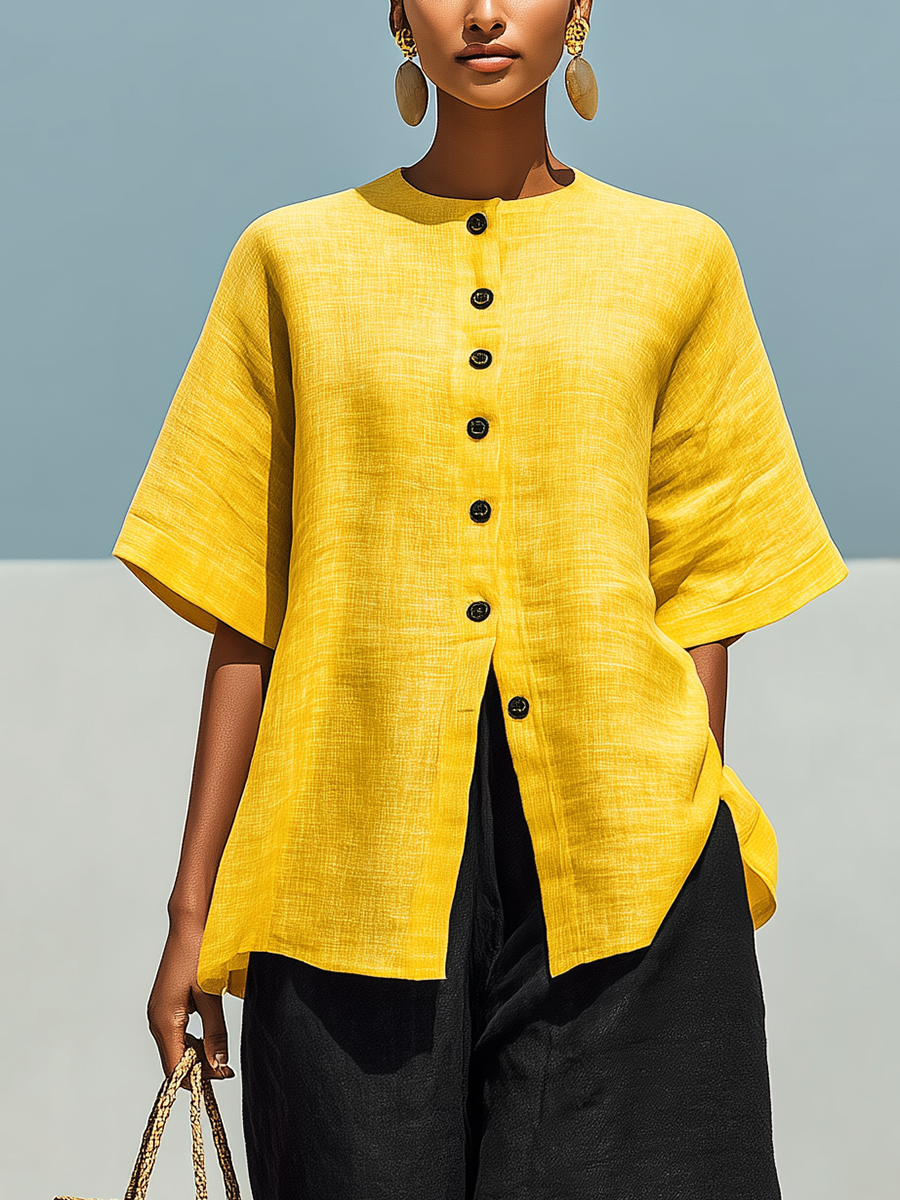 Women’s Yellow Linen-Blend Short-Sleeve Button-Down Top & Black Wide-Leg Pants Two-Piece Set MDZ3003D2T